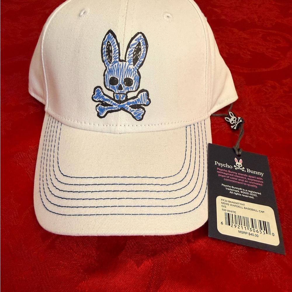 Psycho Bunny White Baseball Cap with Blue Embroidered Bunny-and-Bones